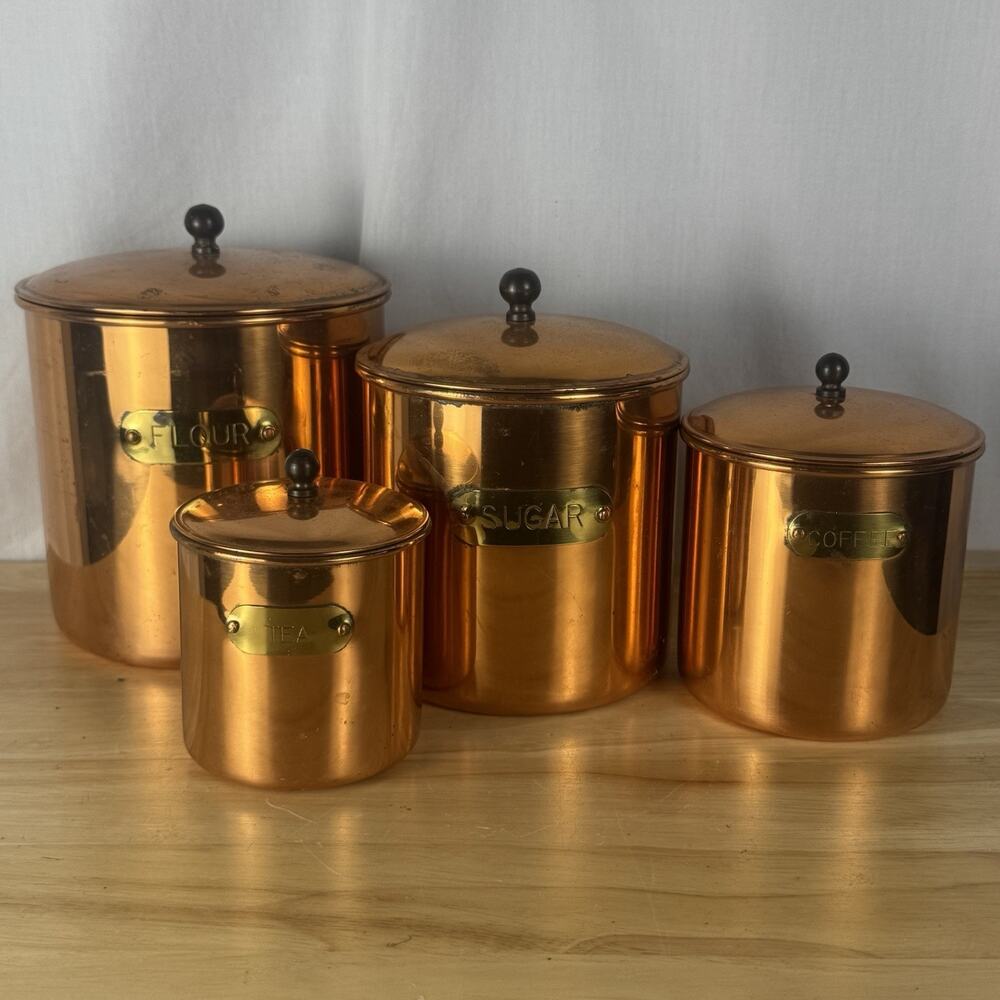 Vintage Rare Revere Ware Copper & Brass Canister Set 4pc Flour Sugar Tea Coffee